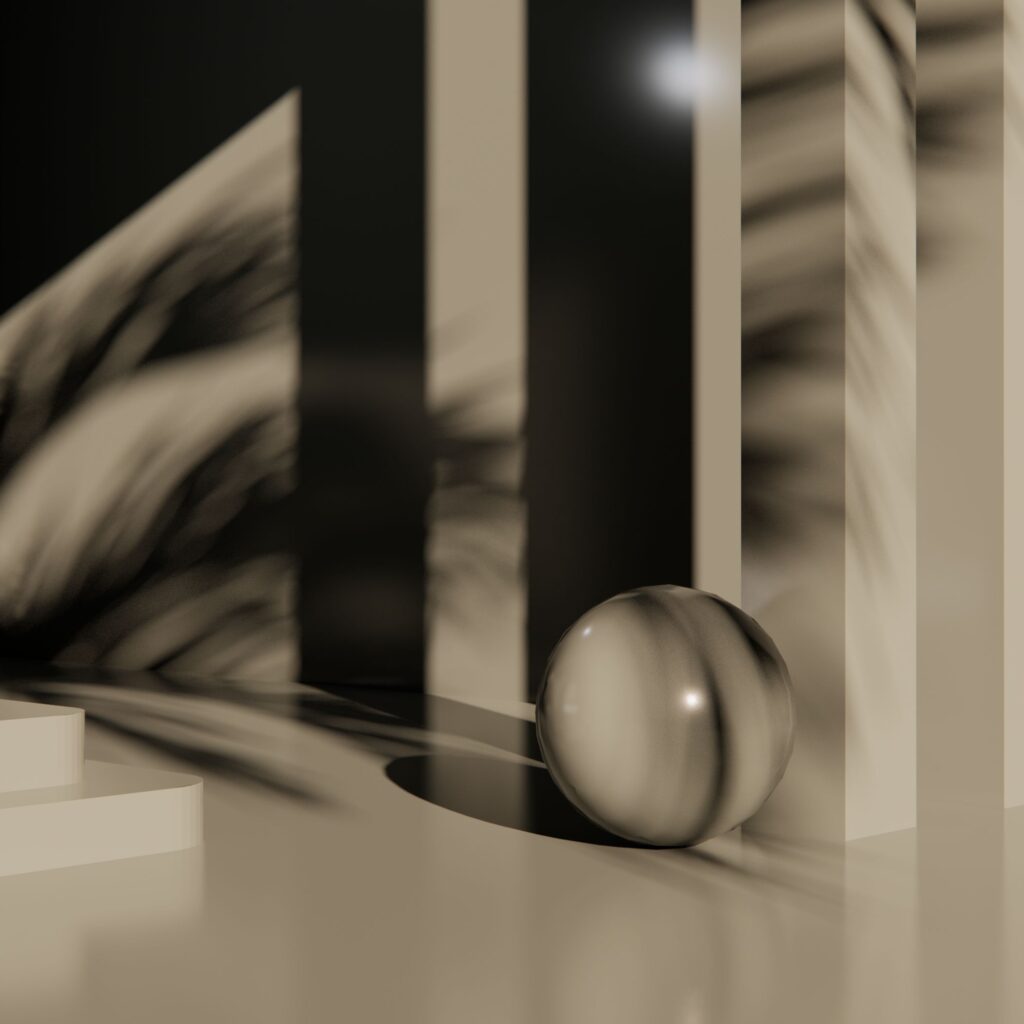 A stylish minimalist abstract scene with geometric shapes, shadows, and a marbled sphere.