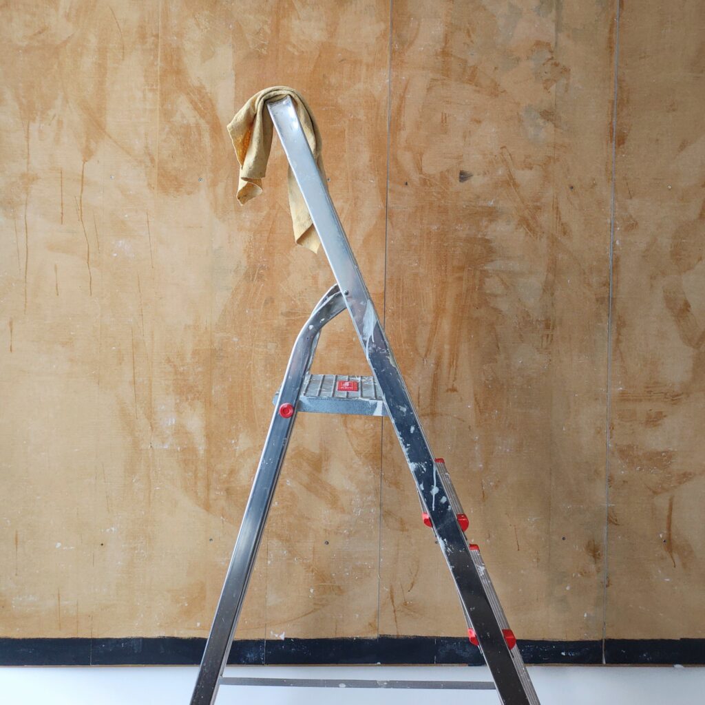 Metal ladder leaning against a brown wall, ideal for renovation visuals.